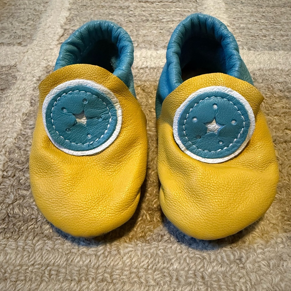 Softstar Yellow and Blue Roo kids Moccasin- smooth leather